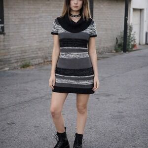 Ladies Striped Cowl Neck Short Sleeve Sweater Dress Size M Y2K